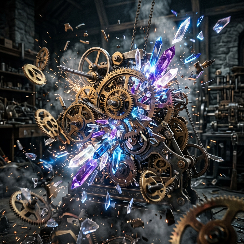 Brass mechanical gears with blue and purple glowing crystals scattered and sparking