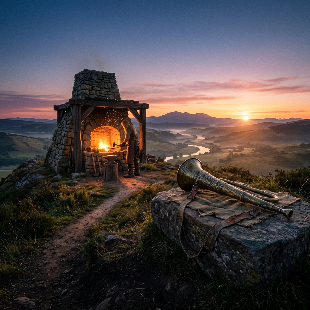 Blacksmith forging metal at outdoor stone furnace with river and mountains in background at sunset