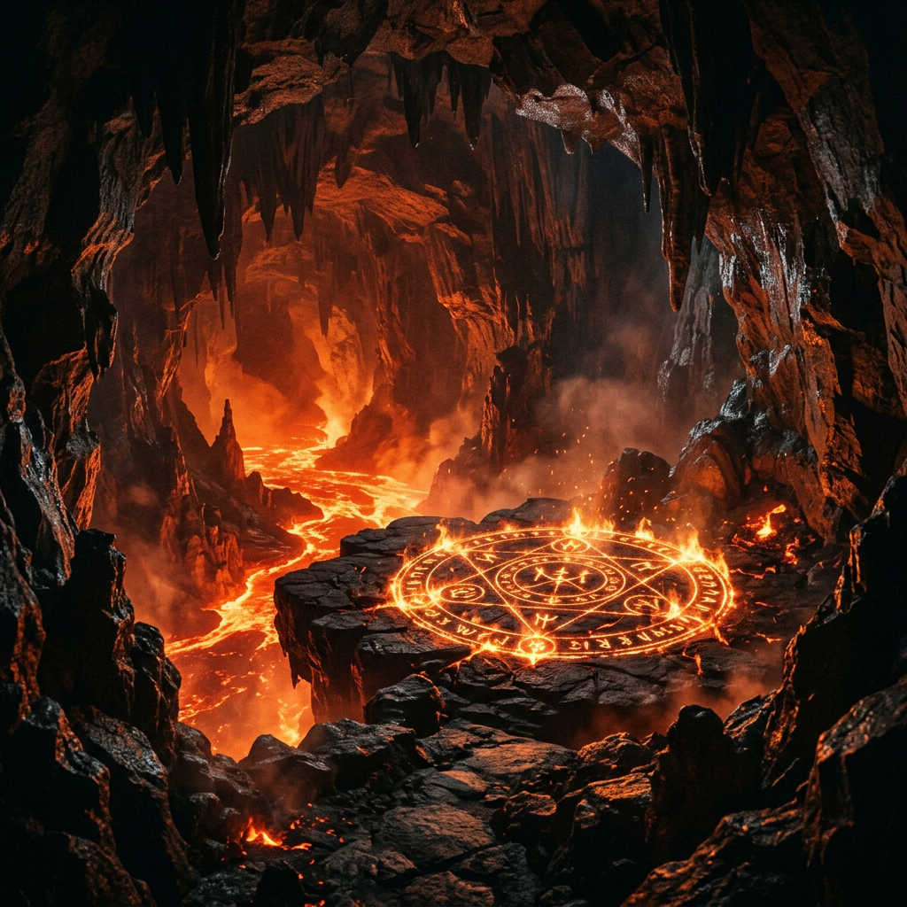 Glowing magical sigil on rocky surface inside lava-filled volcanic cave