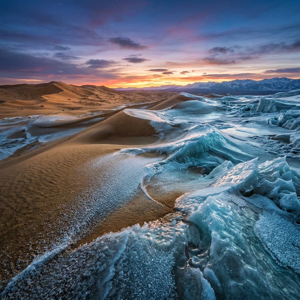 Desert sand dunes partially covered with icy blue formations under a colorful sunset sky