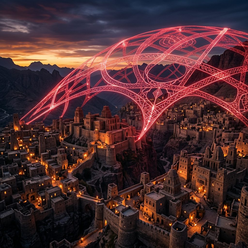 Ancient city illuminated by numerous small lights beneath a futuristic glowing red dome structure.