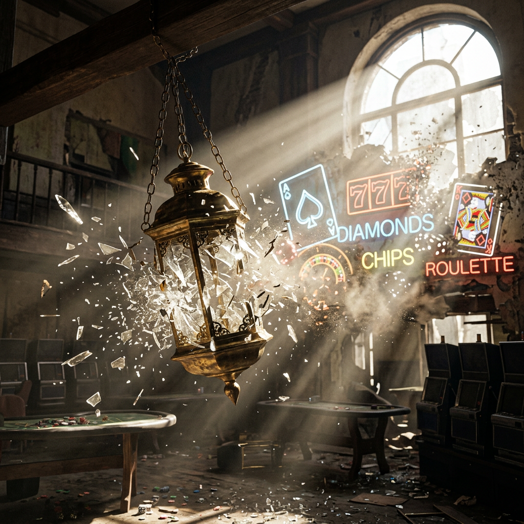 Broken hanging lantern with glass shards and casino-themed neon signs reading Ace of spades, 777, Diamonds, Chips, and Roulette in a dimly lit, dusty room with gambling tables and slot machines