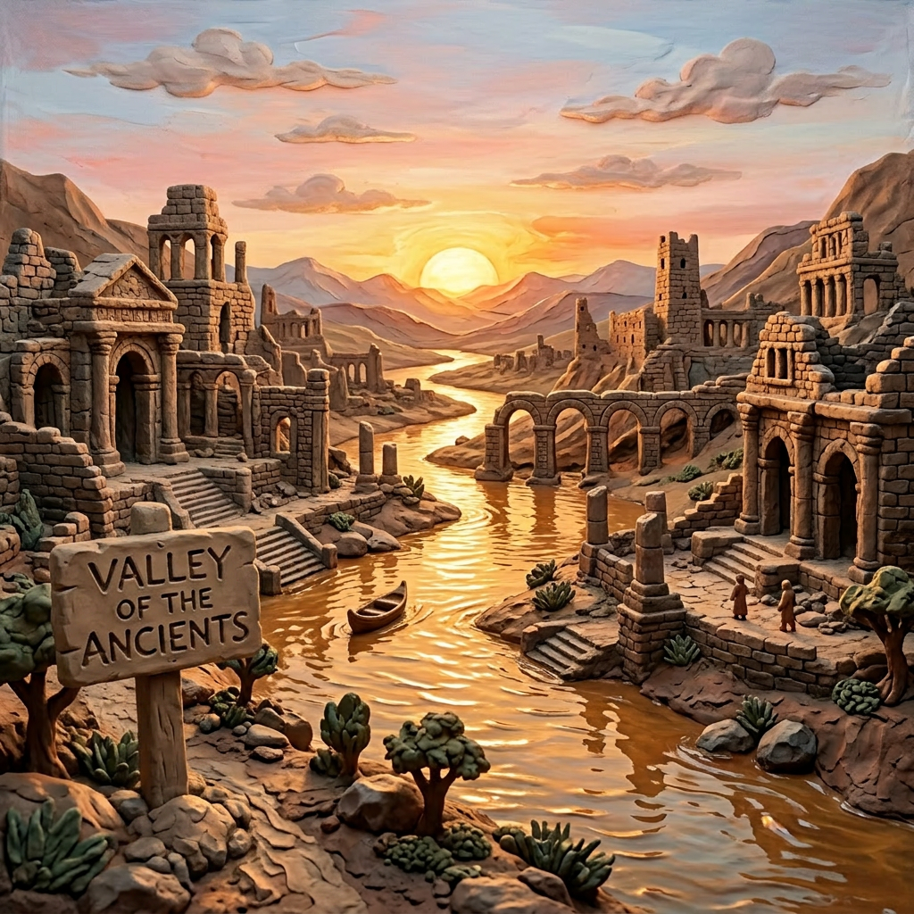 Ancient stone ruins and arches along a river at sunset with small figures and a boat on the water