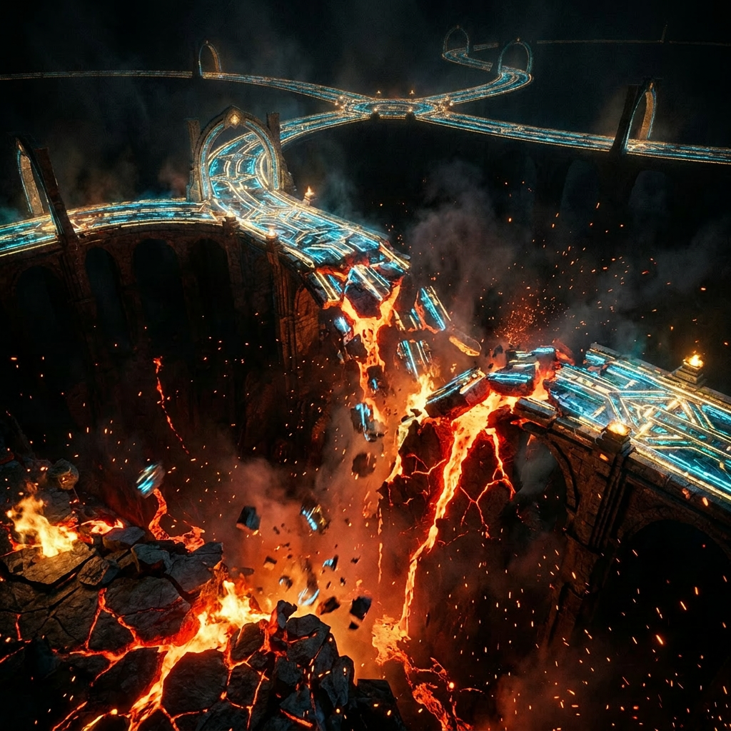 Fragmented glowing blue stone bridge collapsing into fiery molten lava pit with sparks and smoke