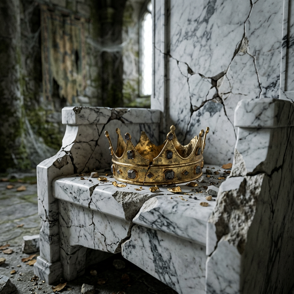 Golden crown on a cracked marble throne in a deteriorated room