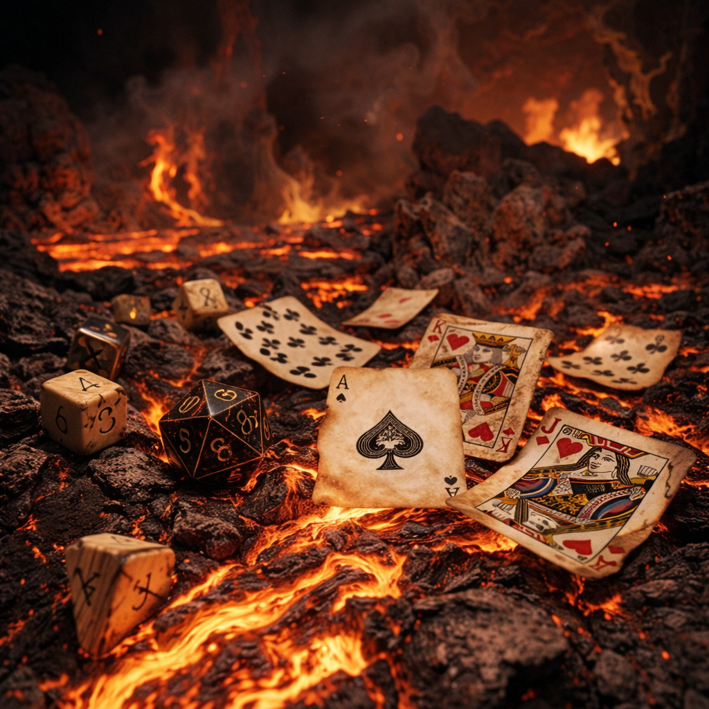 Playing cards and polyhedral dice scattered on hot molten lava with glowing cracks and volcanic rocks
