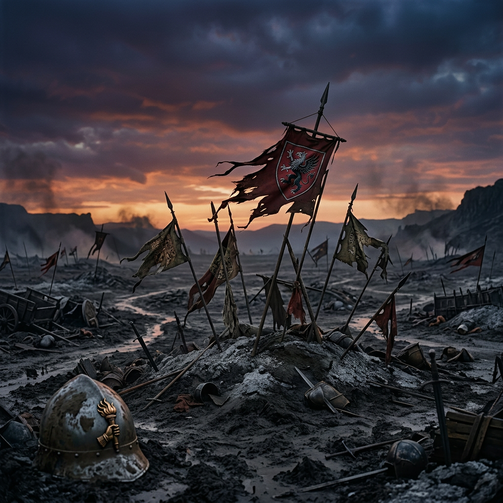 Muddy battlefield with torn flags and scattered medieval weapons and armor under a dramatic sunset sky.