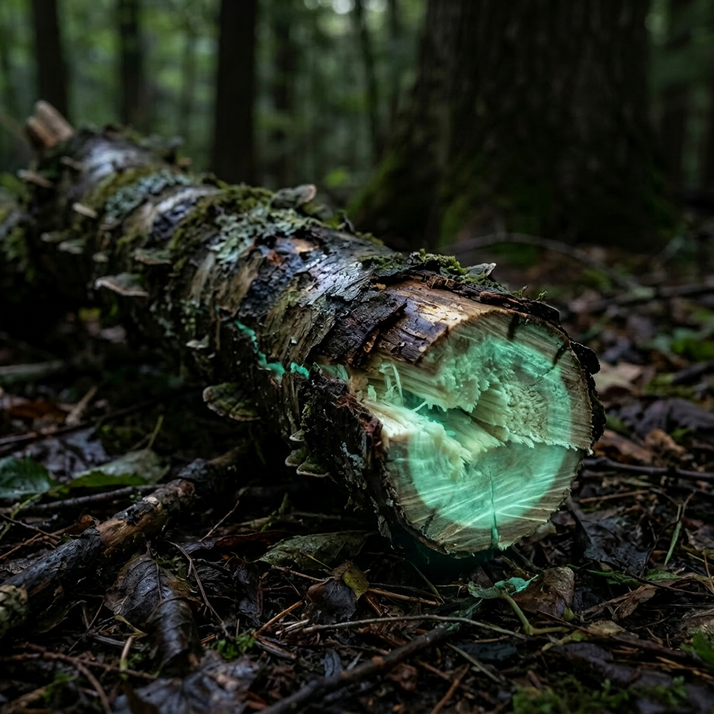 Fallen log in forest with green bioluminescent glow on cut end and bark