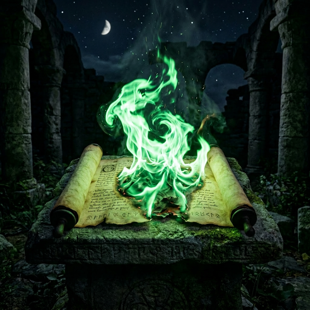 Ancient scroll on stone pedestal with glowing green magical flames under a starry night sky in ruins