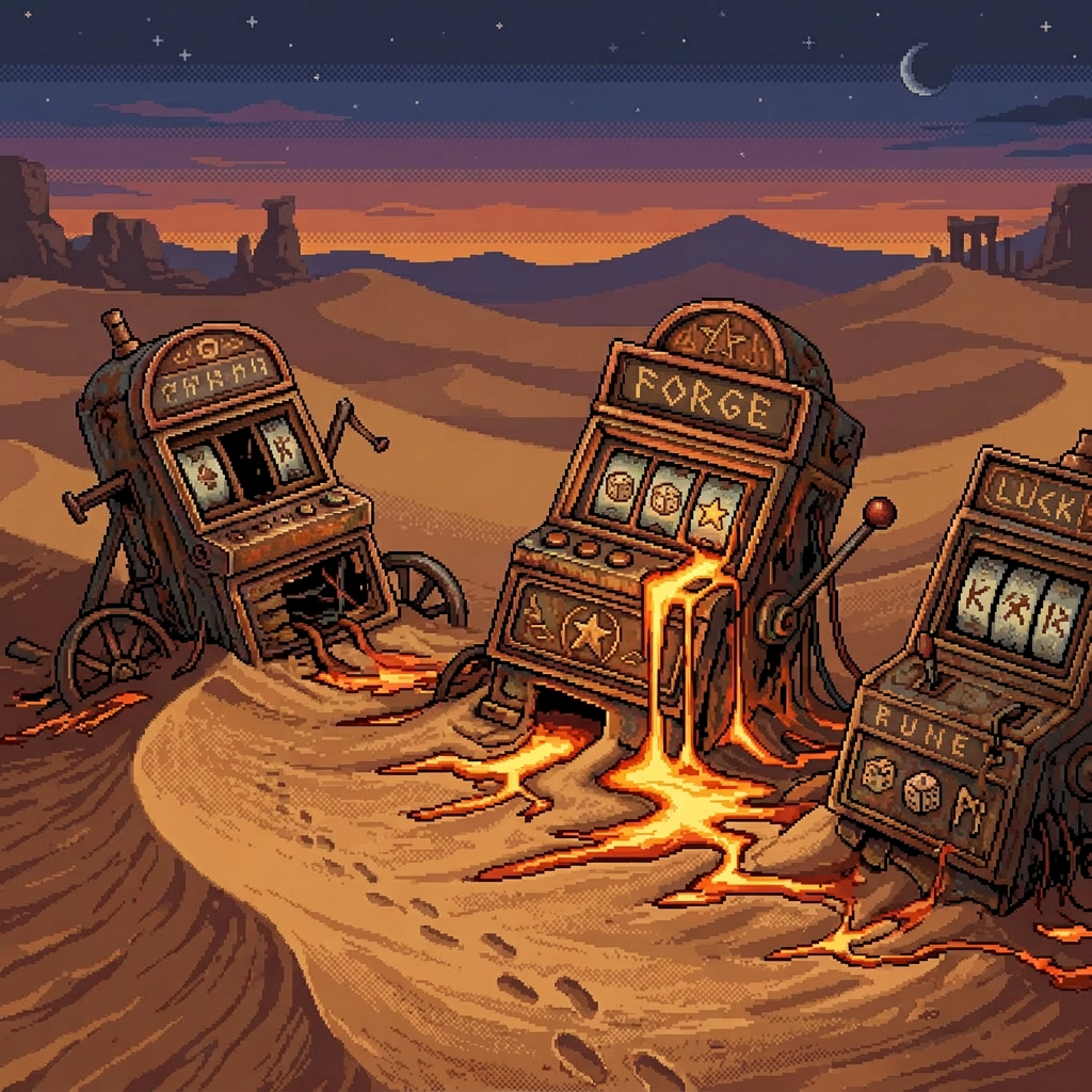 Three old slot machines melting with lava flowing onto desert sand at dusk