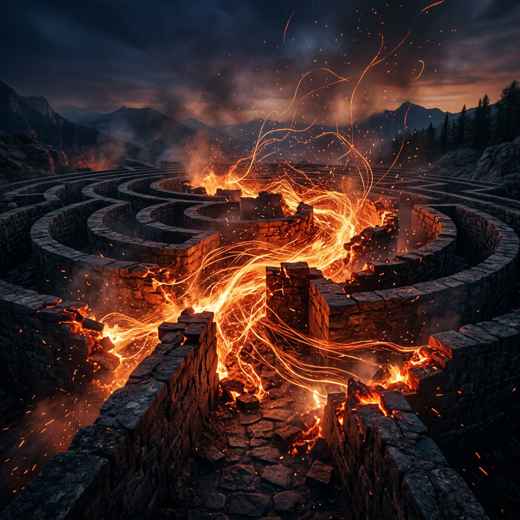 Stone labyrinth with flowing lava and glowing embers amid dark mountainous landscape