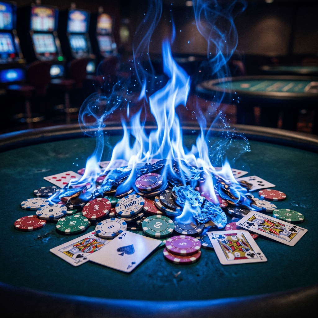 Casino chips and playing cards burning with blue flames on poker table
