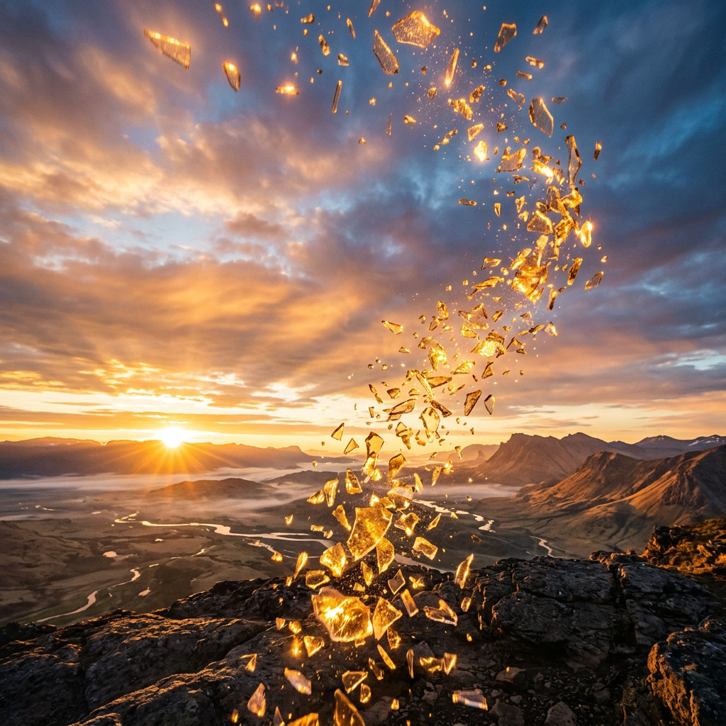 Shards of glass illuminated by sunrays floating upwards over rocky mountain landscape