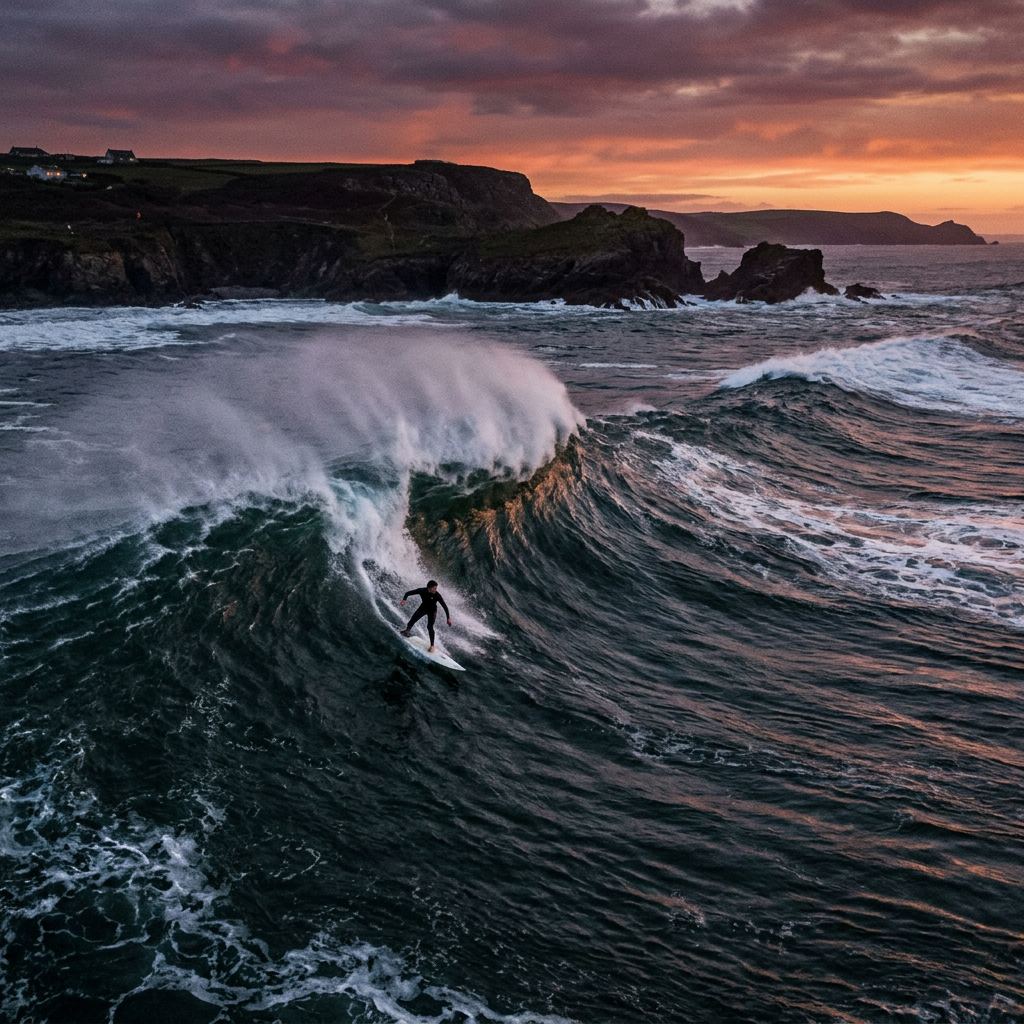 Surfer in wetsuit riding a large wave with rocky coastline and colorful sunset sky.