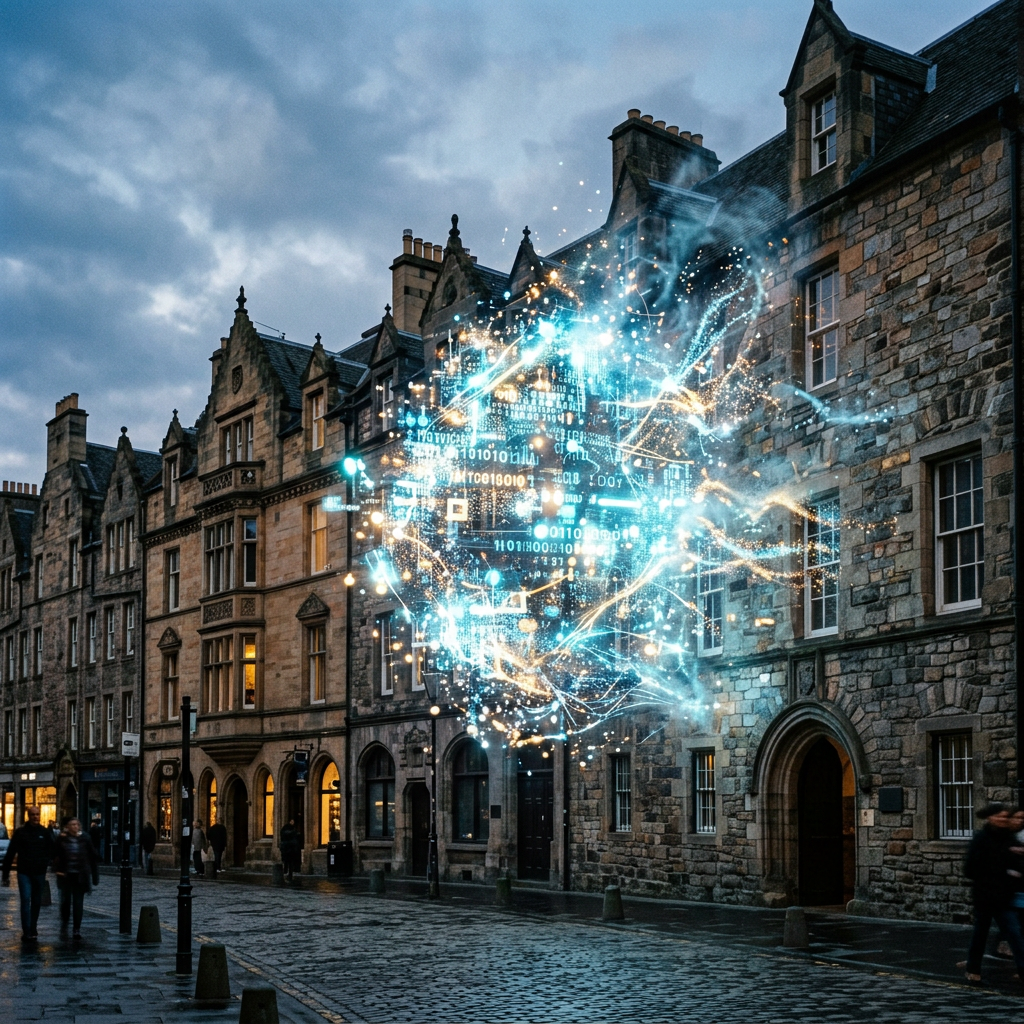 Blue and gold digital data visualization over cobblestone street and old stone buildings