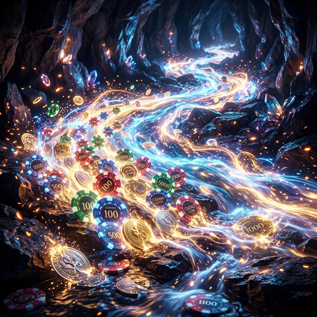 Brightly glowing stream flowing through a cave with colorful casino chips and gold coins scattered along the water and rocky edges.