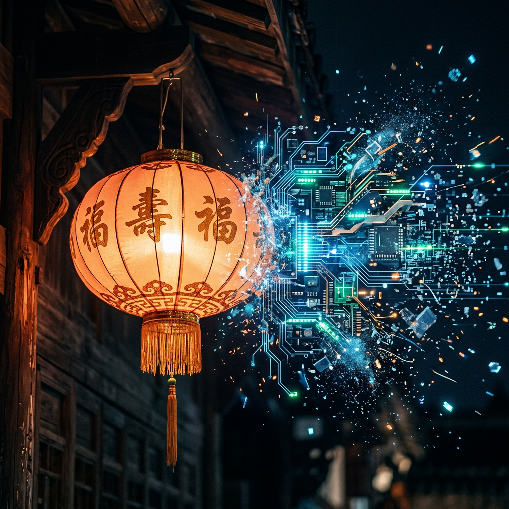 Chinese lantern transforming into digital circuit board with glowing effects