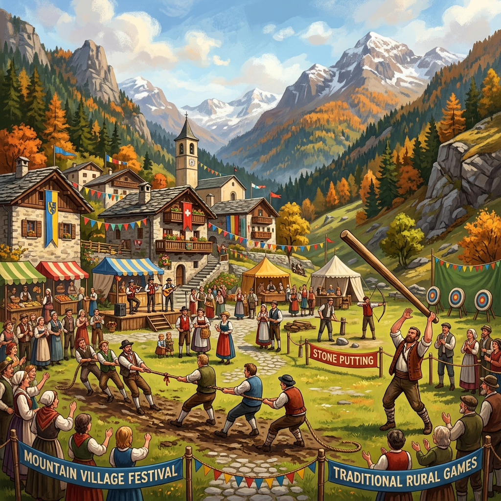 Mountain village festival featuring tug-of-war and stone putting games with spectators and musicians