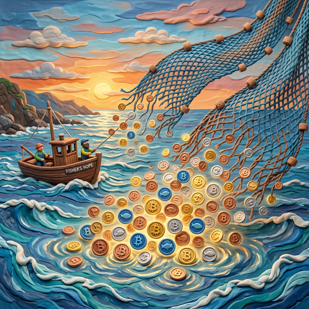 Two fishermen on a boat named Fisher's Hope casting a fishing net filled with various cryptocurrency coins into the sea during sunset
