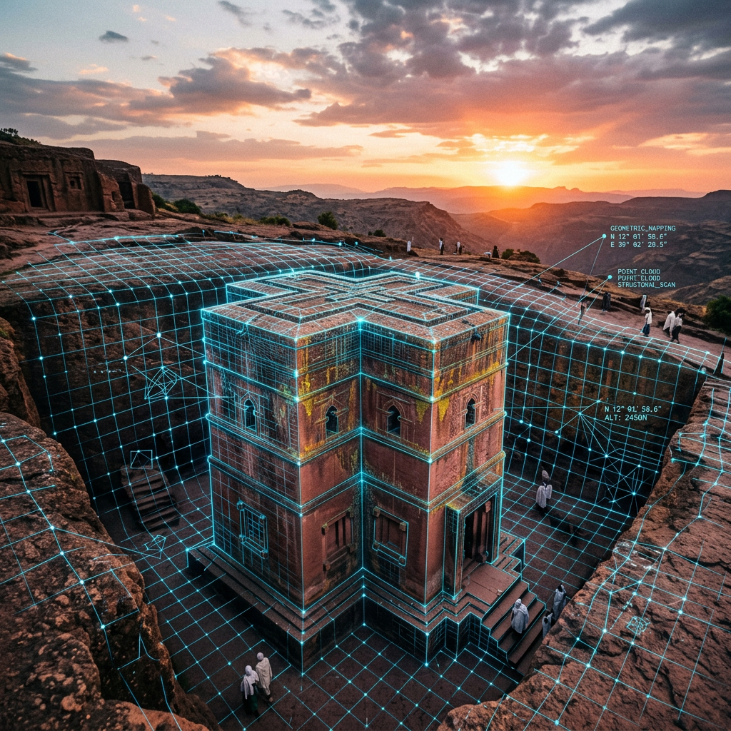 Rock-hewn church with blue digital 3D grid overlay and annotation at sunset.