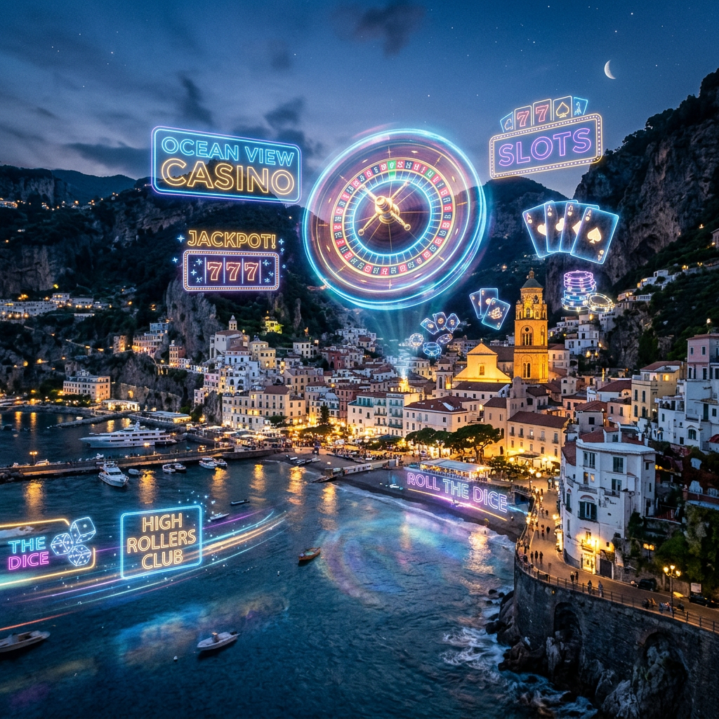 Coastal town at night with neon casino-themed overlays including roulette wheel, slot signs, playing cards, and dice.