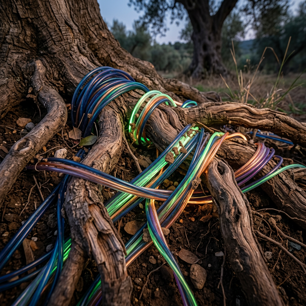 Multicolored translucent tubing wrapped around and intertwined with exposed, textured tree roots on soil.