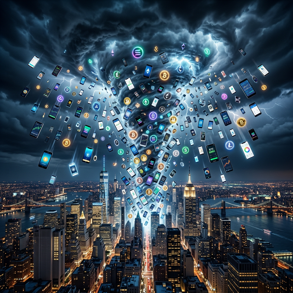 Night city skyline with storm of floating smartphones and cryptocurrency symbols