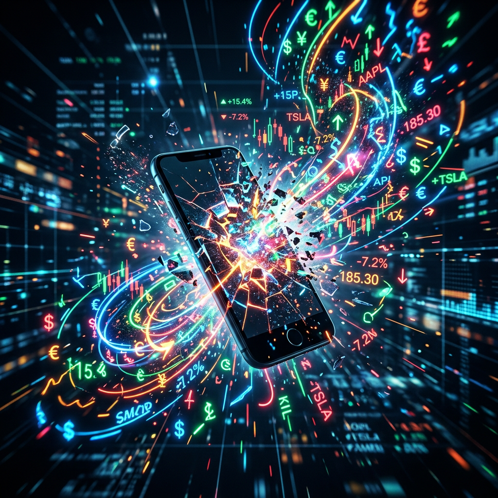 Broken smartphone screen with exploding colorful stock market symbols and numbers