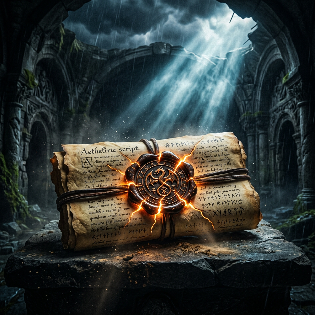 Ancient scroll sealed with glowing magical emblem on stone pedestal in ruined building