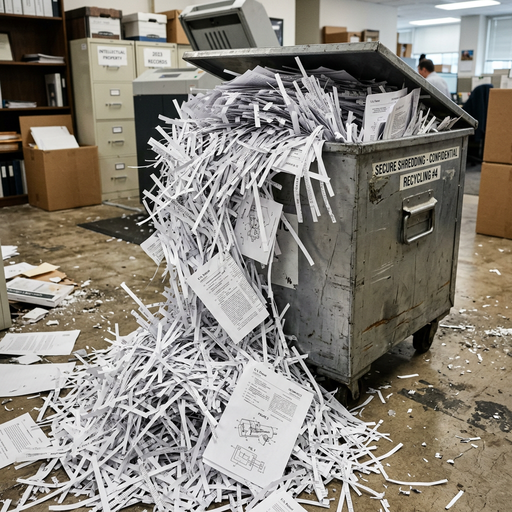 Metal bin overflowing with shredded confidential documents in an office