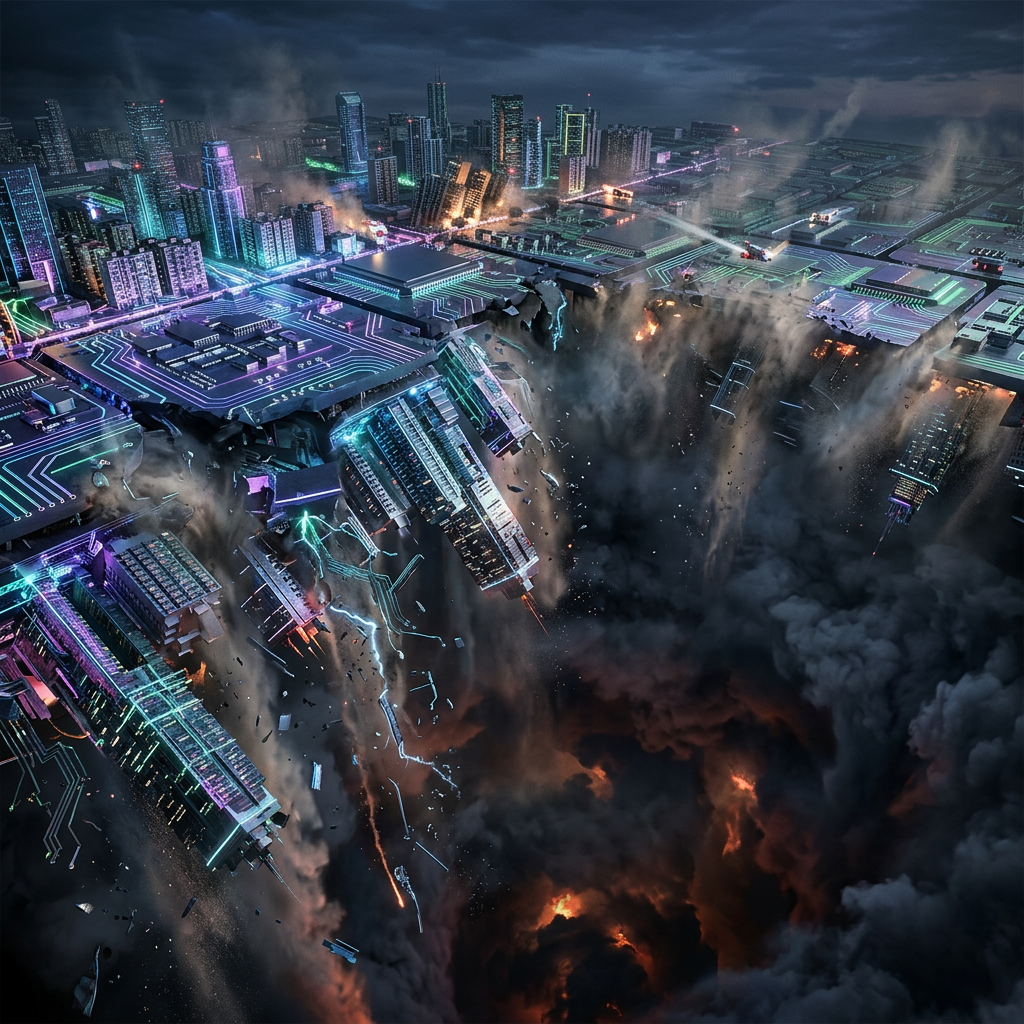 Futuristic city buildings with neon lights falling into a smoke-filled fiery abyss