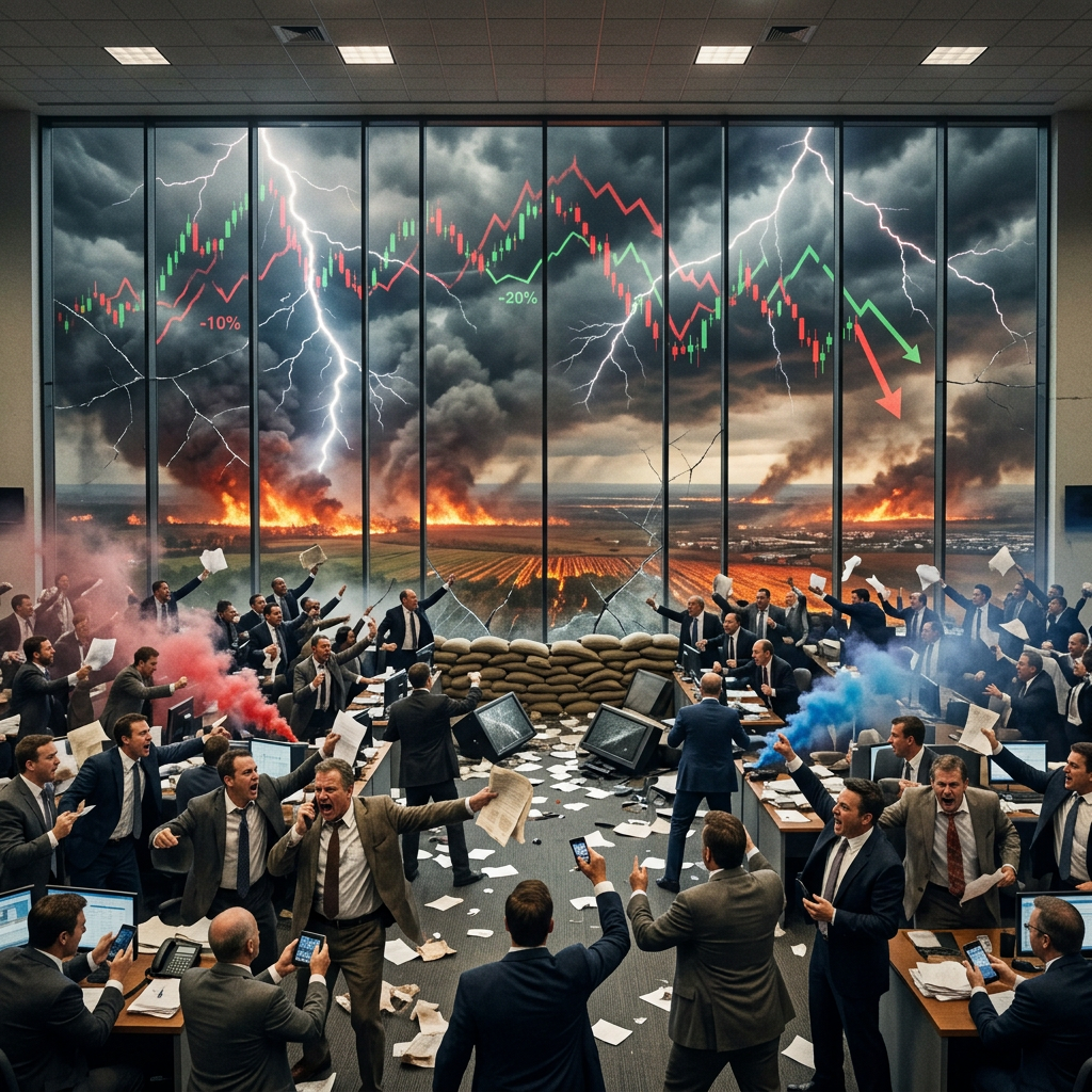 Trading floor with men in suits shouting and holding papers, storm and fires outside with falling stock charts