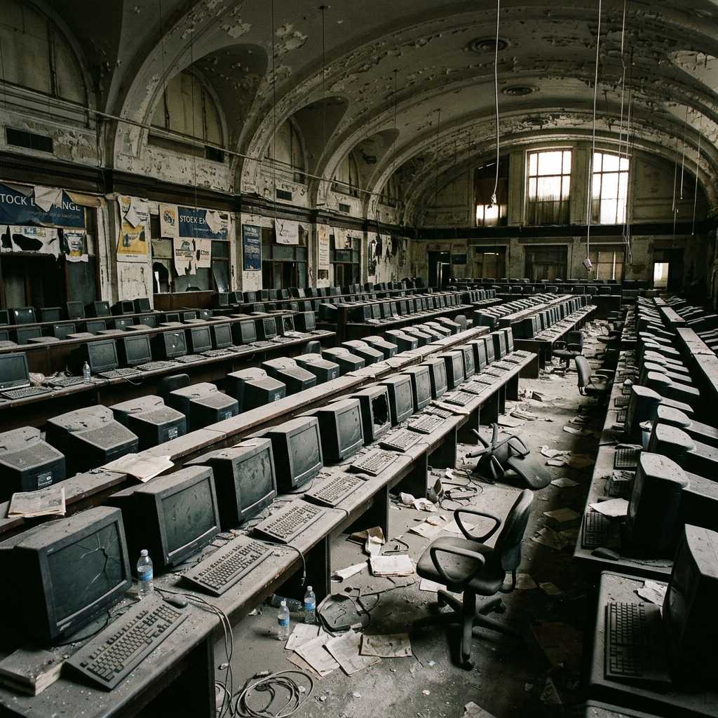 Rows of dusty, broken computer monitors and keyboards in a neglected trading room