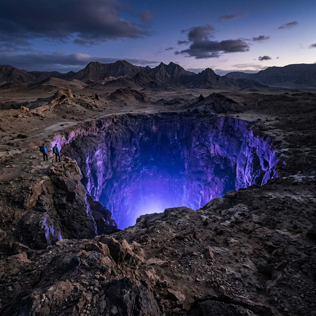 Two people standing at the edge of a large volcanic crater illuminated with blue and purple light at dusk.