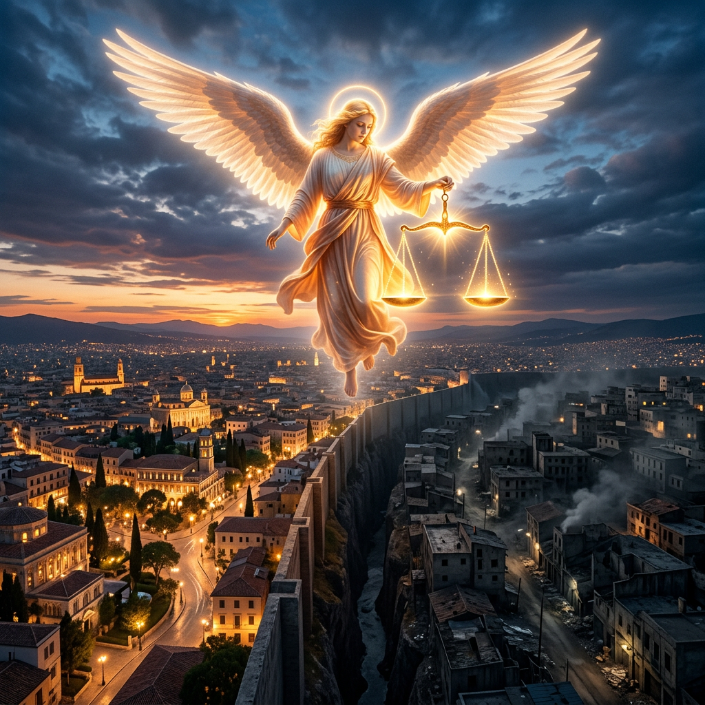 Glowing angel with wings and scales hovering over a city split by a deep gap