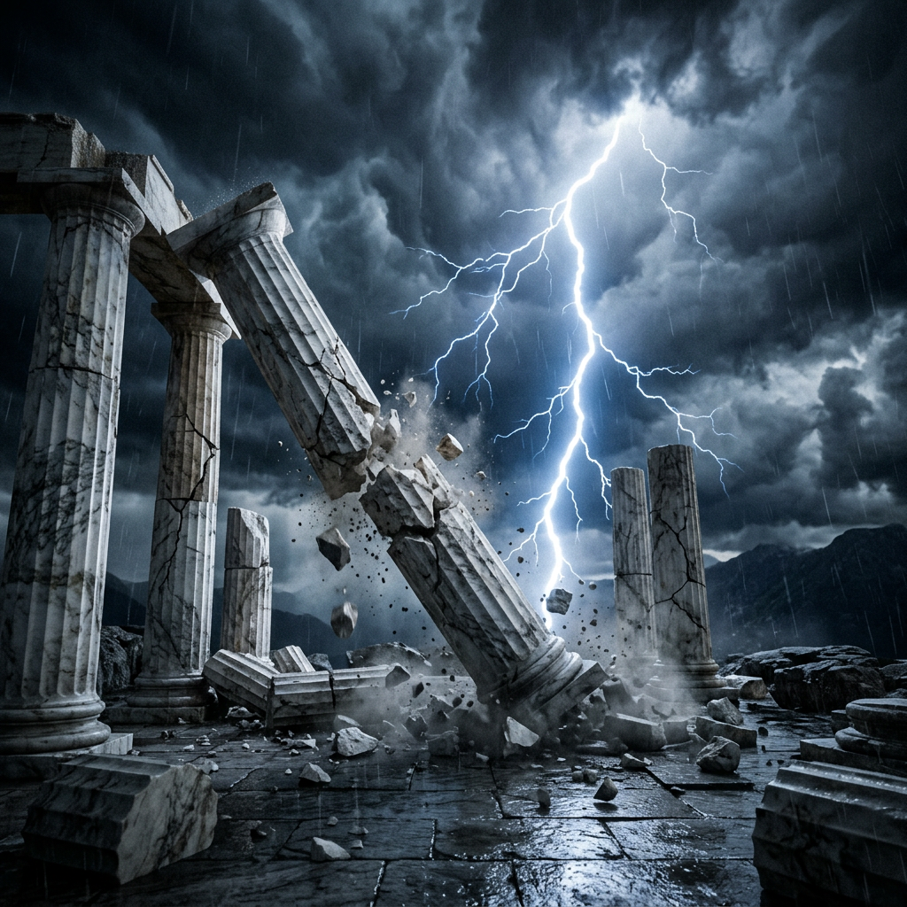 Lightning strike collapsing large marble columns in stormy ruins