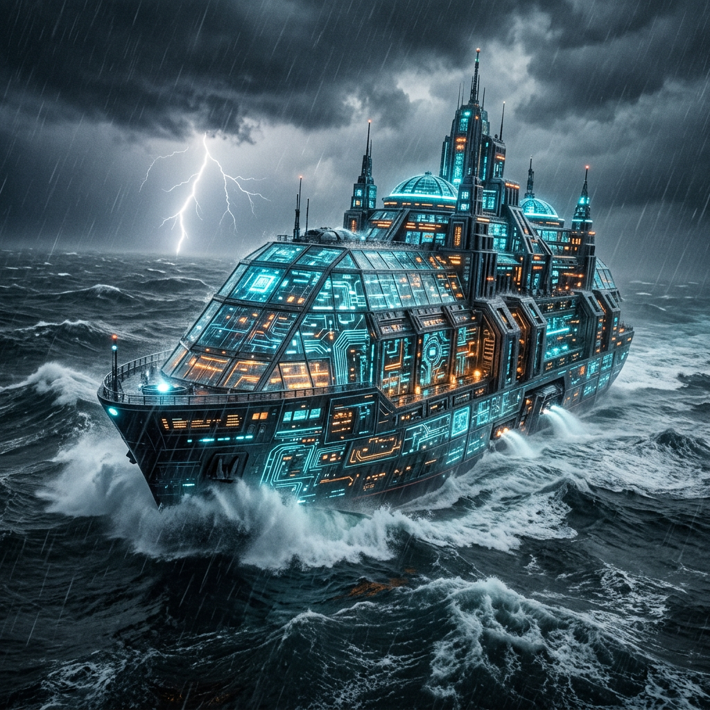 Futuristic ship with glowing blue and orange circuits navigating stormy ocean waves with lightning in background