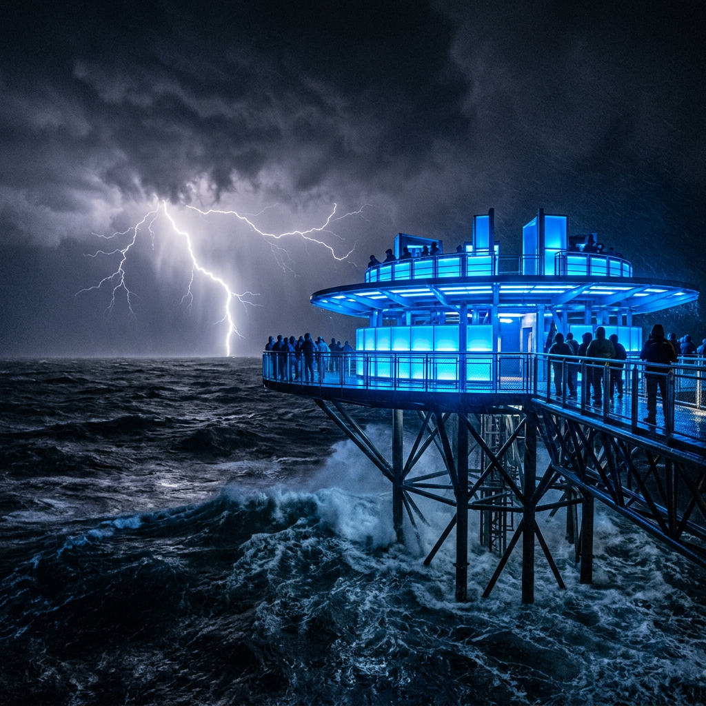 Glowing blue pier with people watching lightning storm over turbulent ocean at night