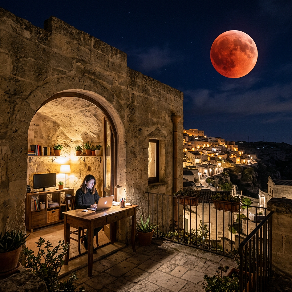 Woman using laptop at wooden desk in stone terrace home during blood moon lunar eclipse