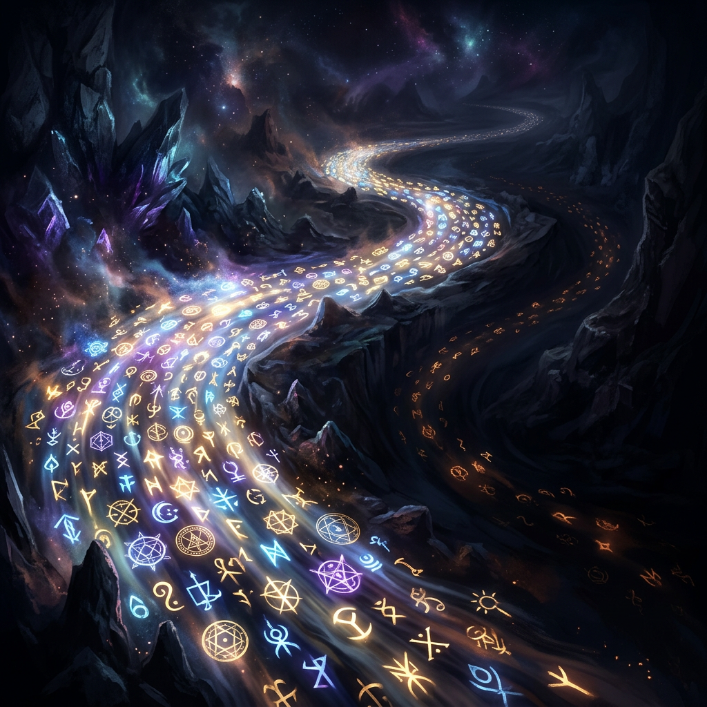 A winding river of glowing mystical symbols flowing through a dark rocky landscape with crystalline formations.