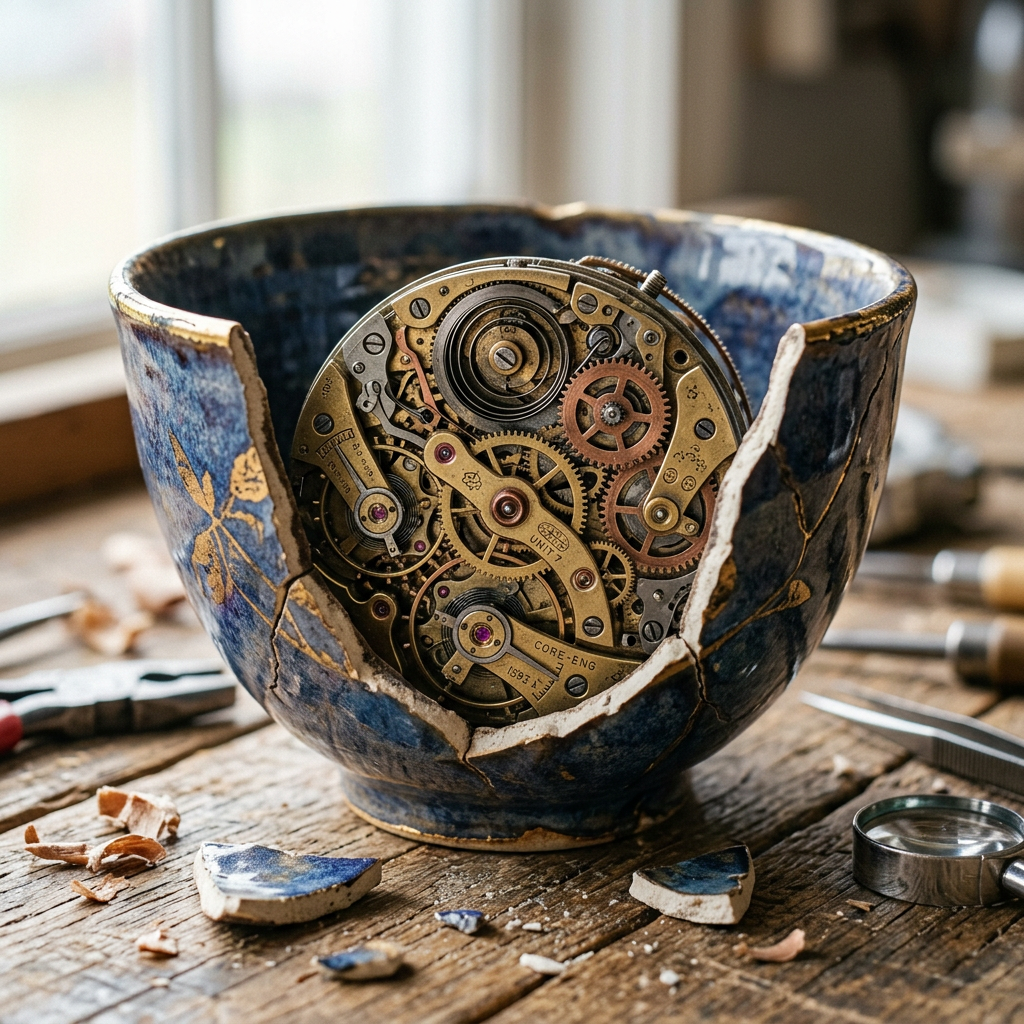 Cracked ceramic bowl with golden repair showing watch gears inside