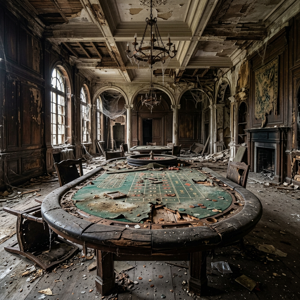 Abandoned room with decayed roulette table, damaged chairs, and cobwebs