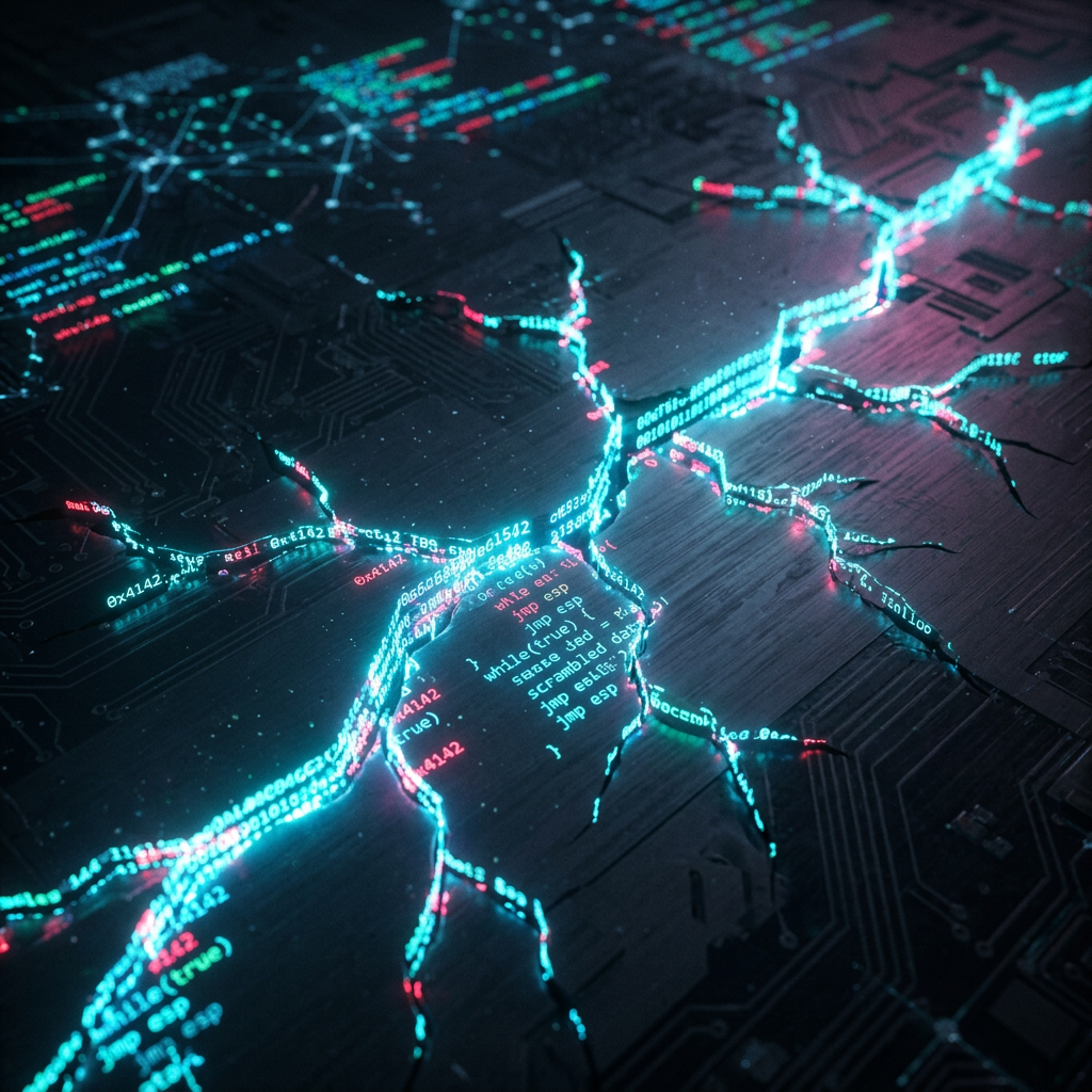 Cracked circuit board with glowing blue and red computer code along the fissures