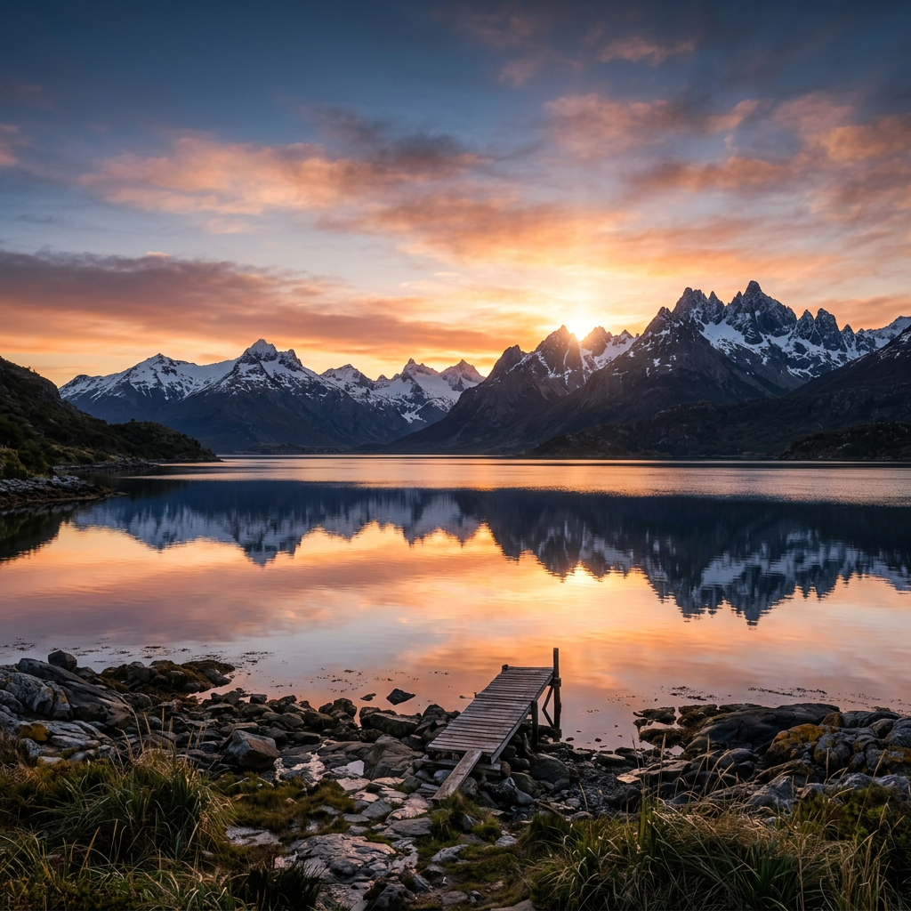 Wooden dock extending into calm lake with snowy mountains and colorful sunset sky