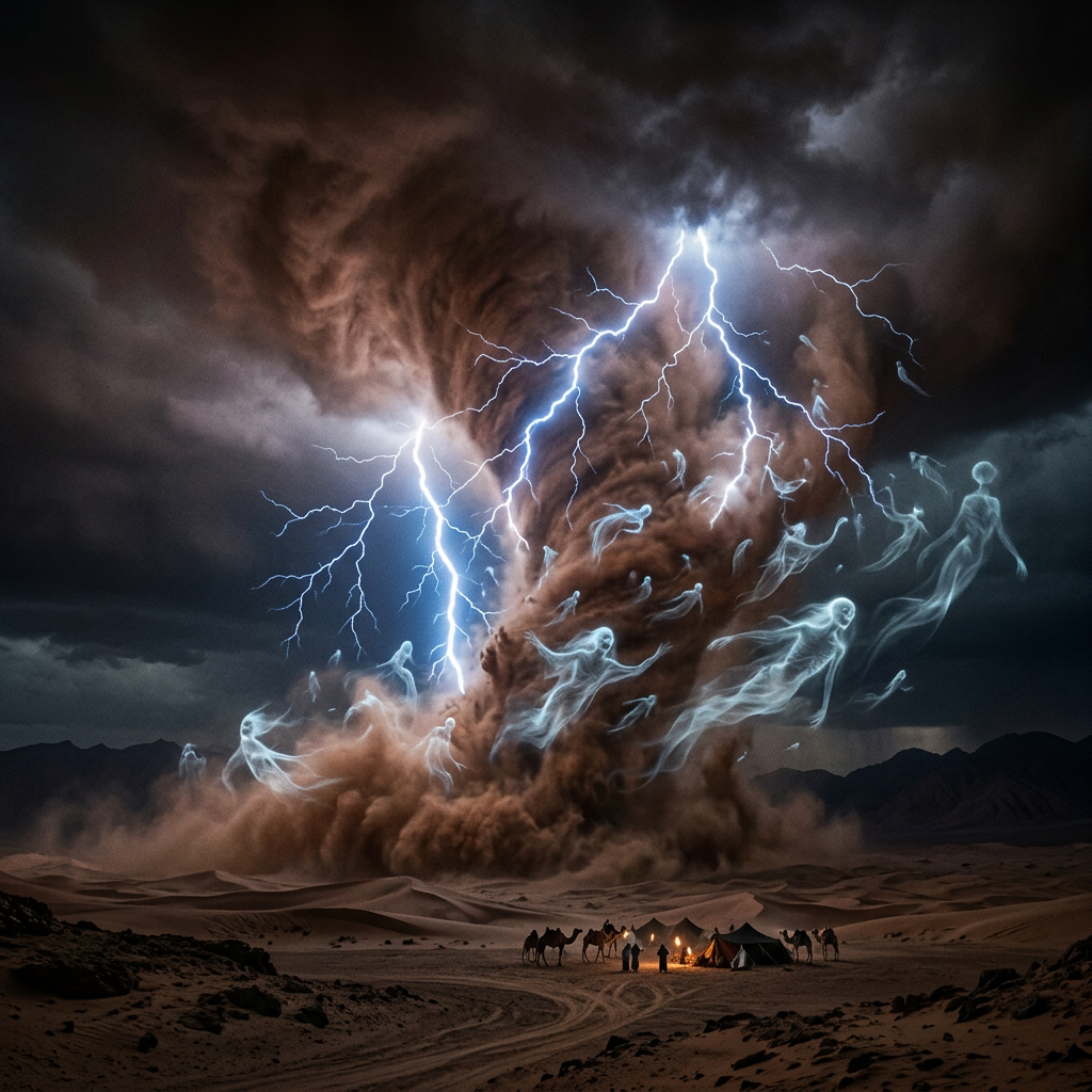 Lightning striking a swirling dust tornado with transparent ghost-like figures above a desert camp with camels.