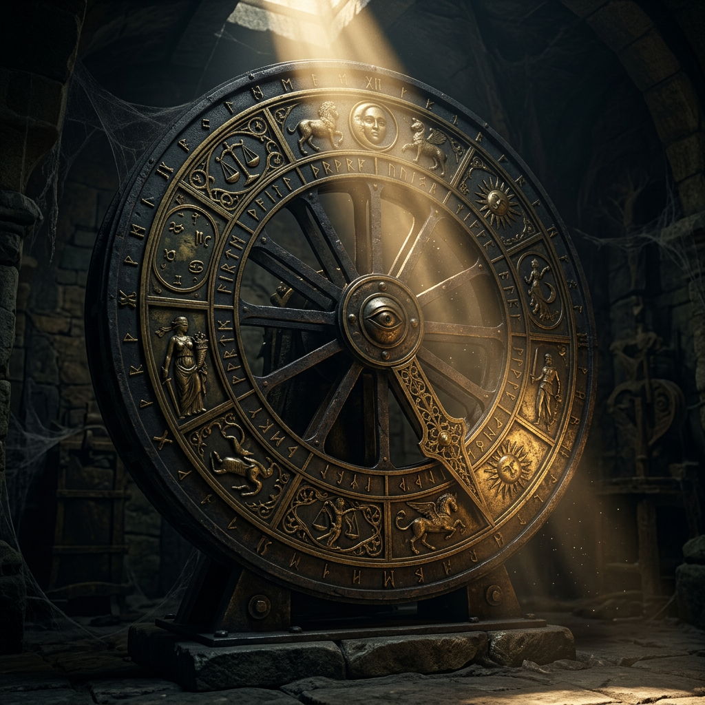 ancient zodiac wheel with astrological symbols and an eye at the center