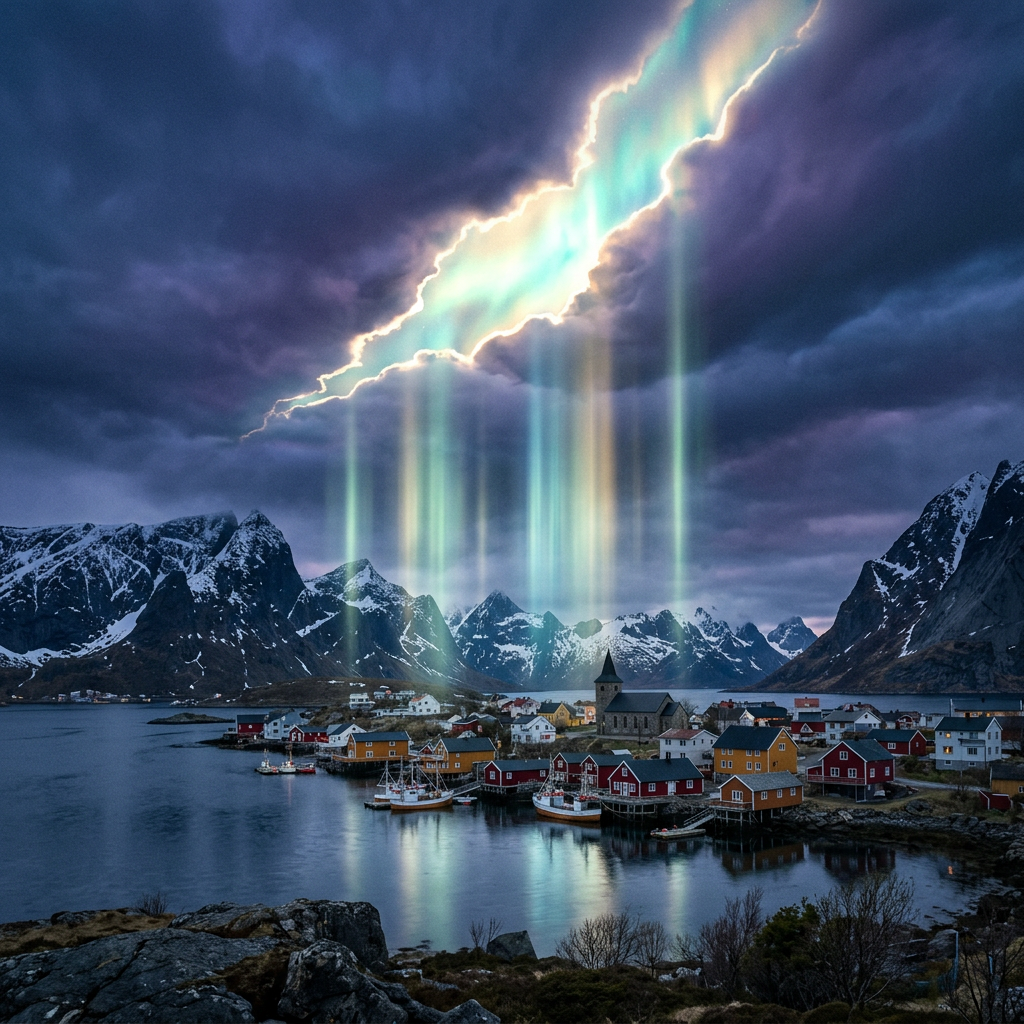 Northern lights streaming vertically over a snowy mountain village by water