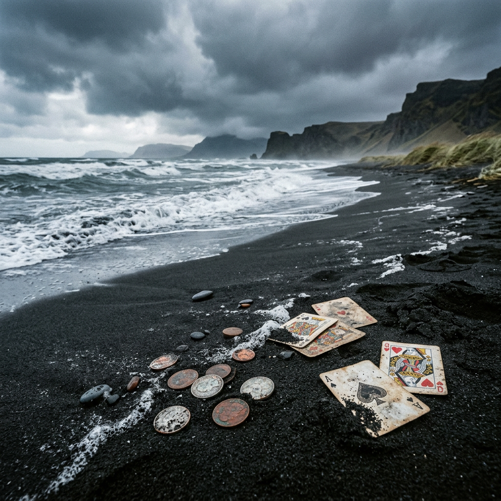 Worn playing cards and coins scattered on a black sand beach with crashing waves and cloudy sky
