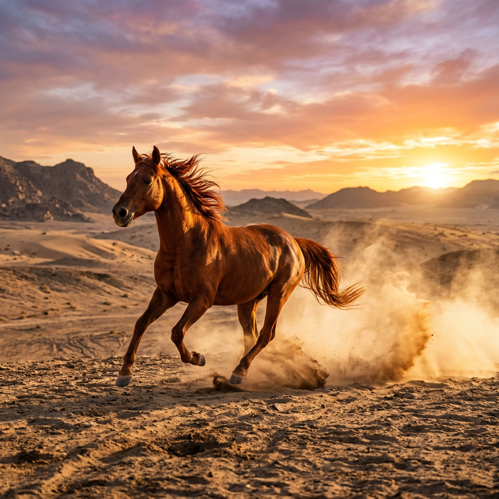 Brown horse running fast in a sandy desert with mountains and sunset sky