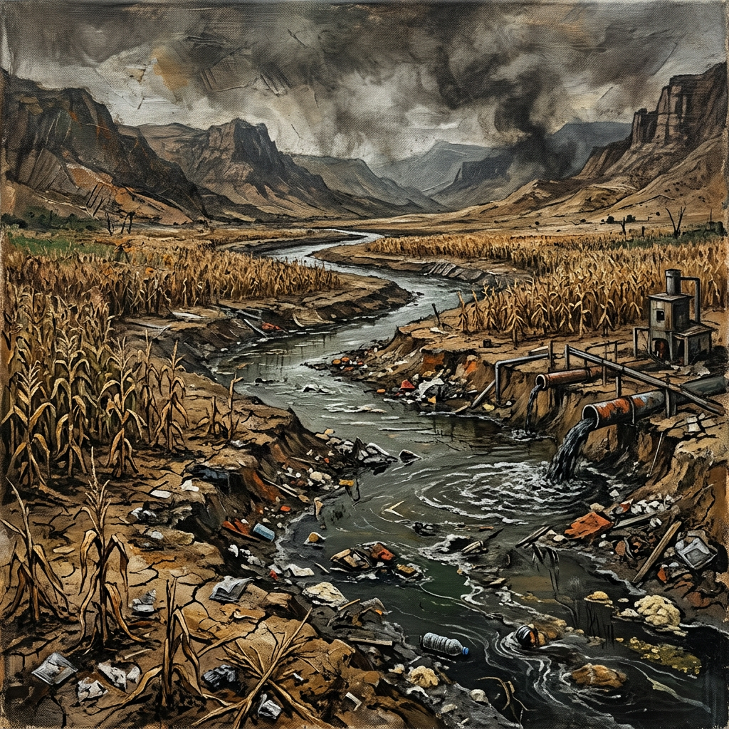 A polluted river with trash flowing through a dry valley with brown crops and mountains